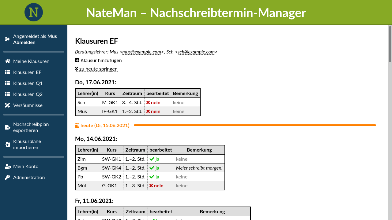 Klausurliste in NateMan